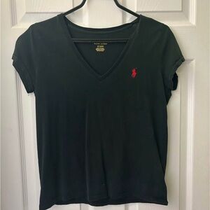 Ralph Lauren Women's Black V-Neck Tee with Red Logo